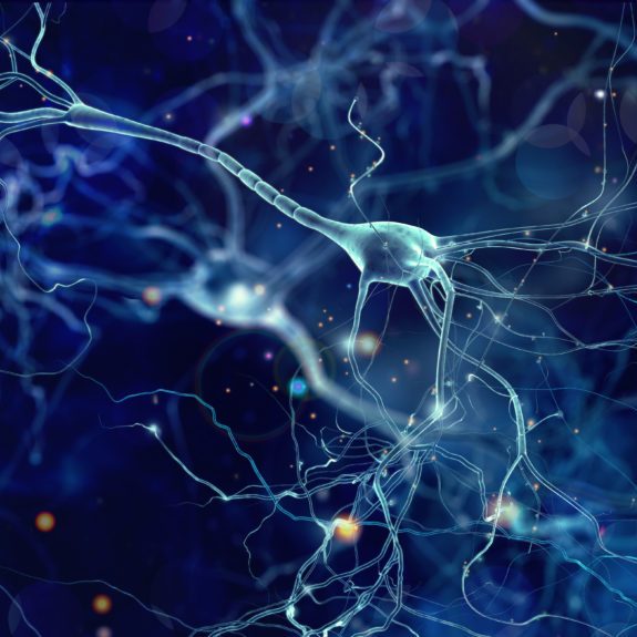 Conceptual illustration of neuron cells with glowing link knots in abstract dark space, high resolution 3D illustration